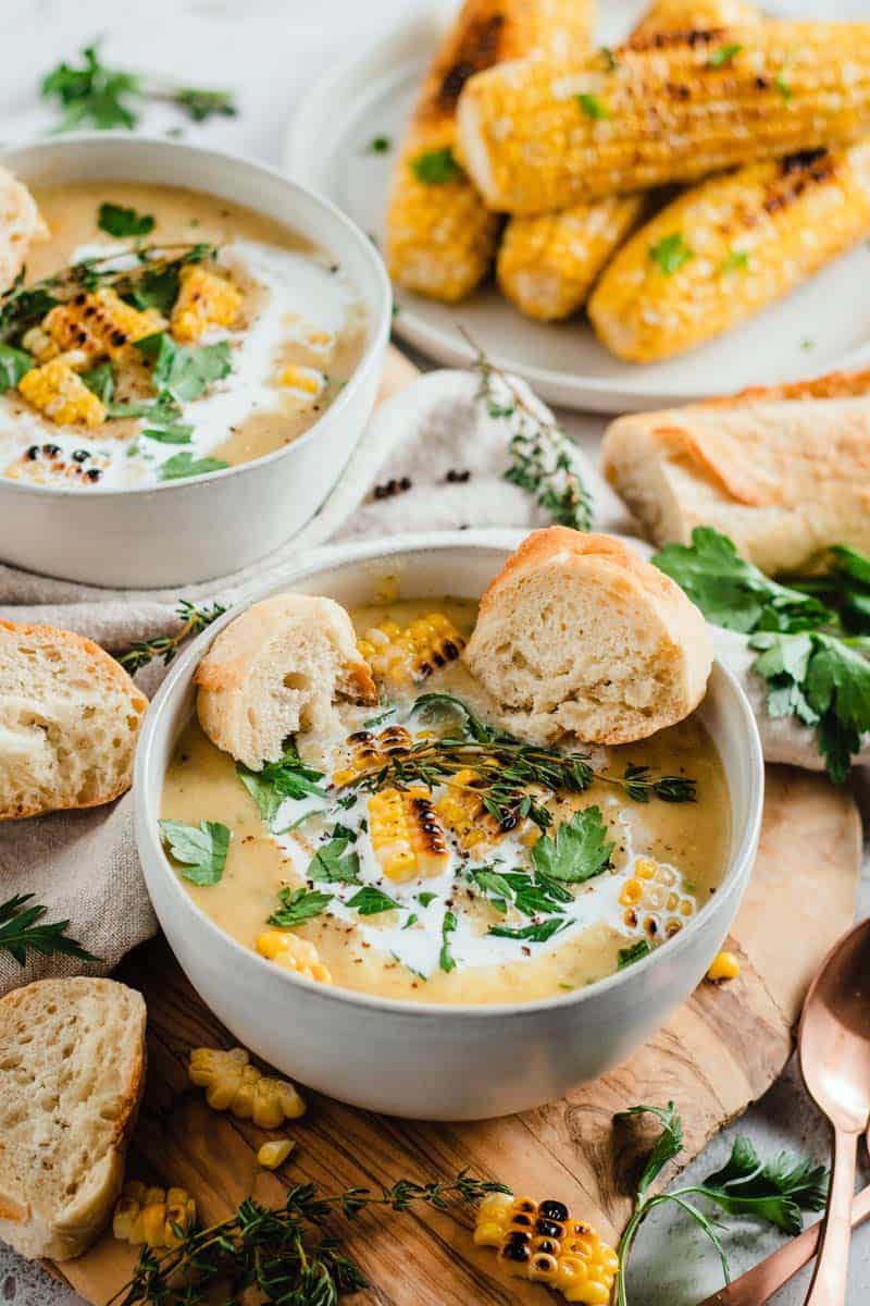 leek corn potato soup in bowls