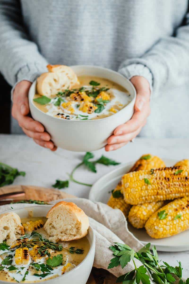 leek corn potato soup in bowl