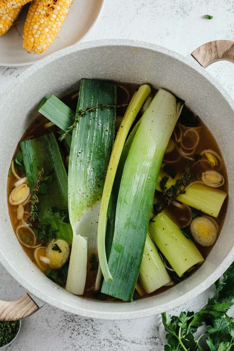 leek corn soup in pot