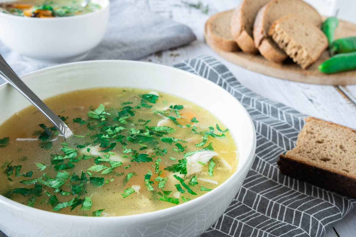 Leftover Turkey Soup in Bowl.