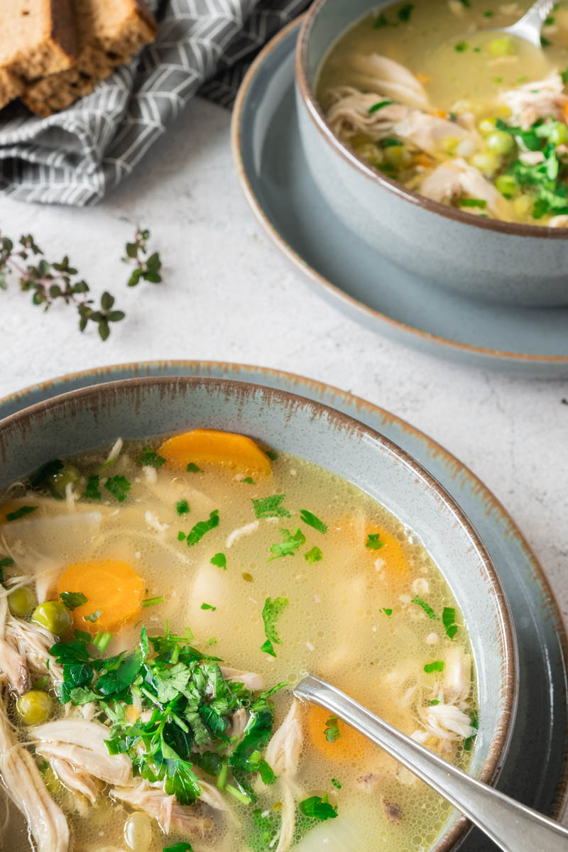 Leftover Turkey Soup in 2 bowls.