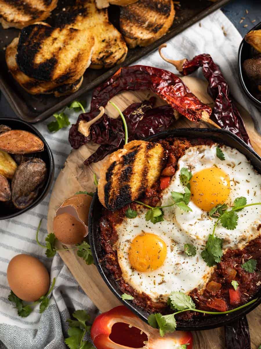 mexican baked eggs in a castiron pan