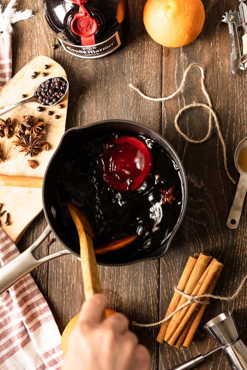 mulled wine cooking in a pot