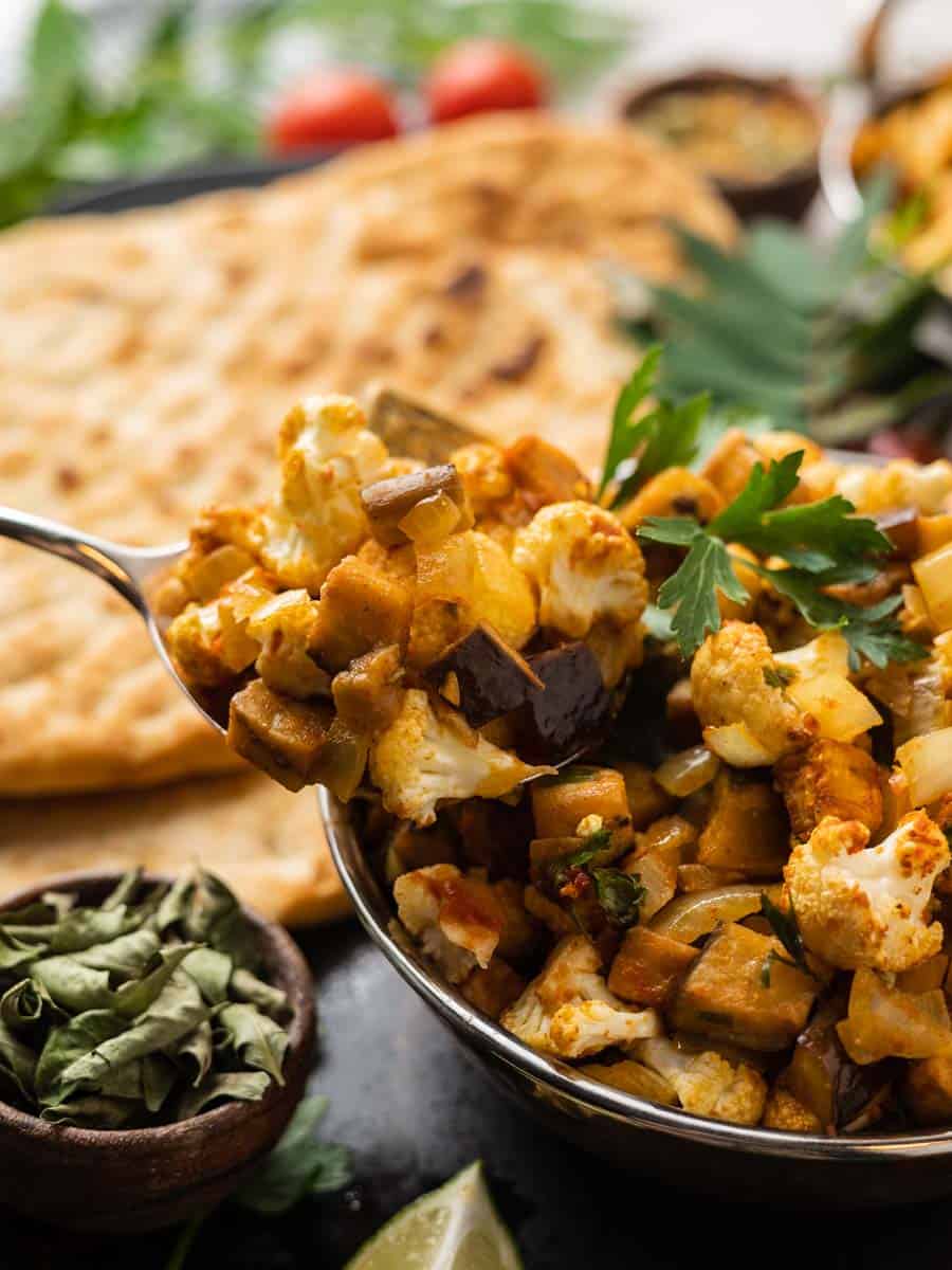 vadouvan cauliflower and eggplant in a bowl