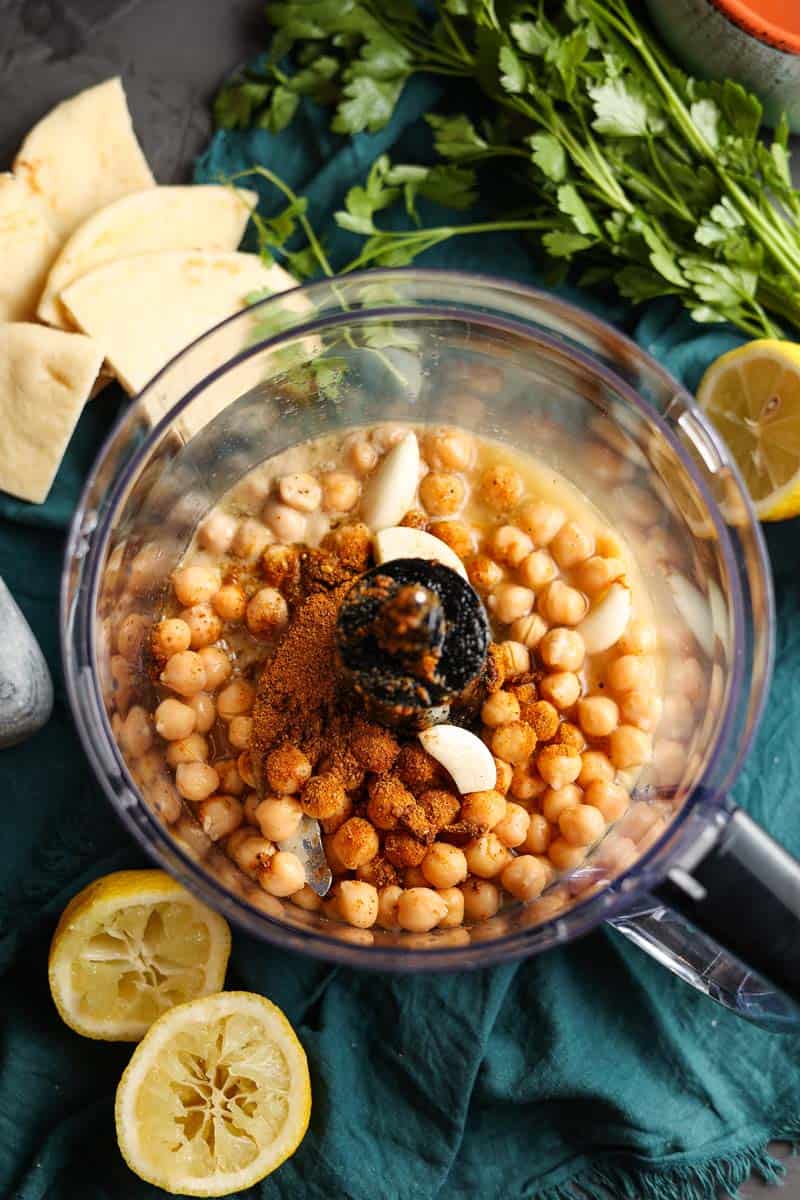 vadouvan hummus ingredients in a food processor