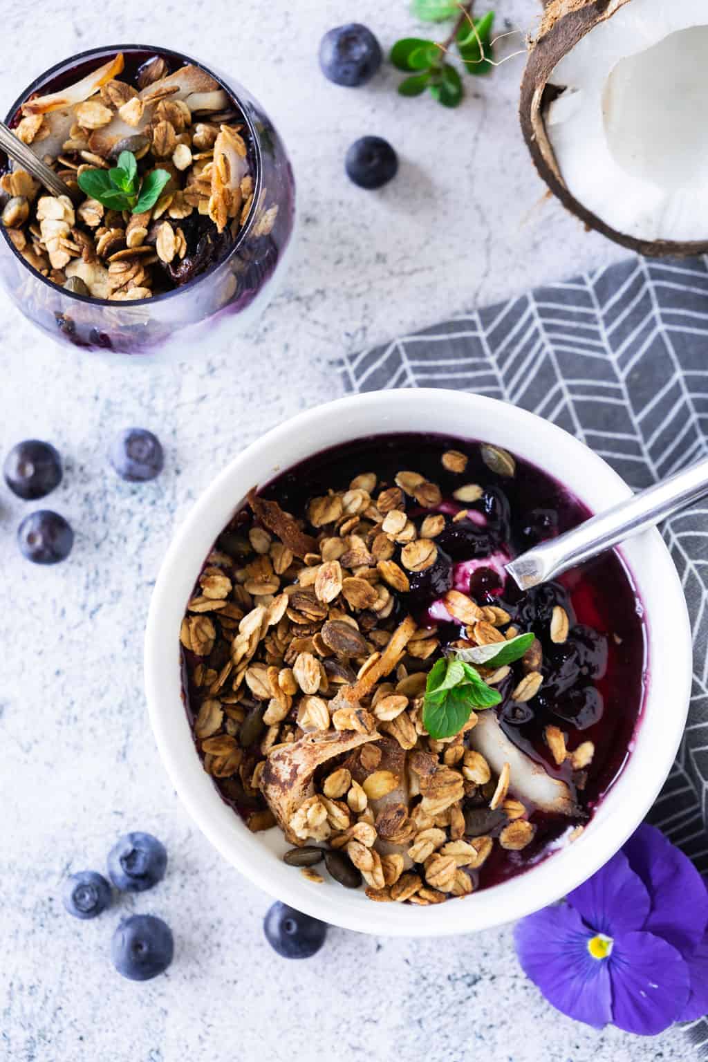 Vanilla Yogurt topped with Blueberry Compote and Homemade Granola
