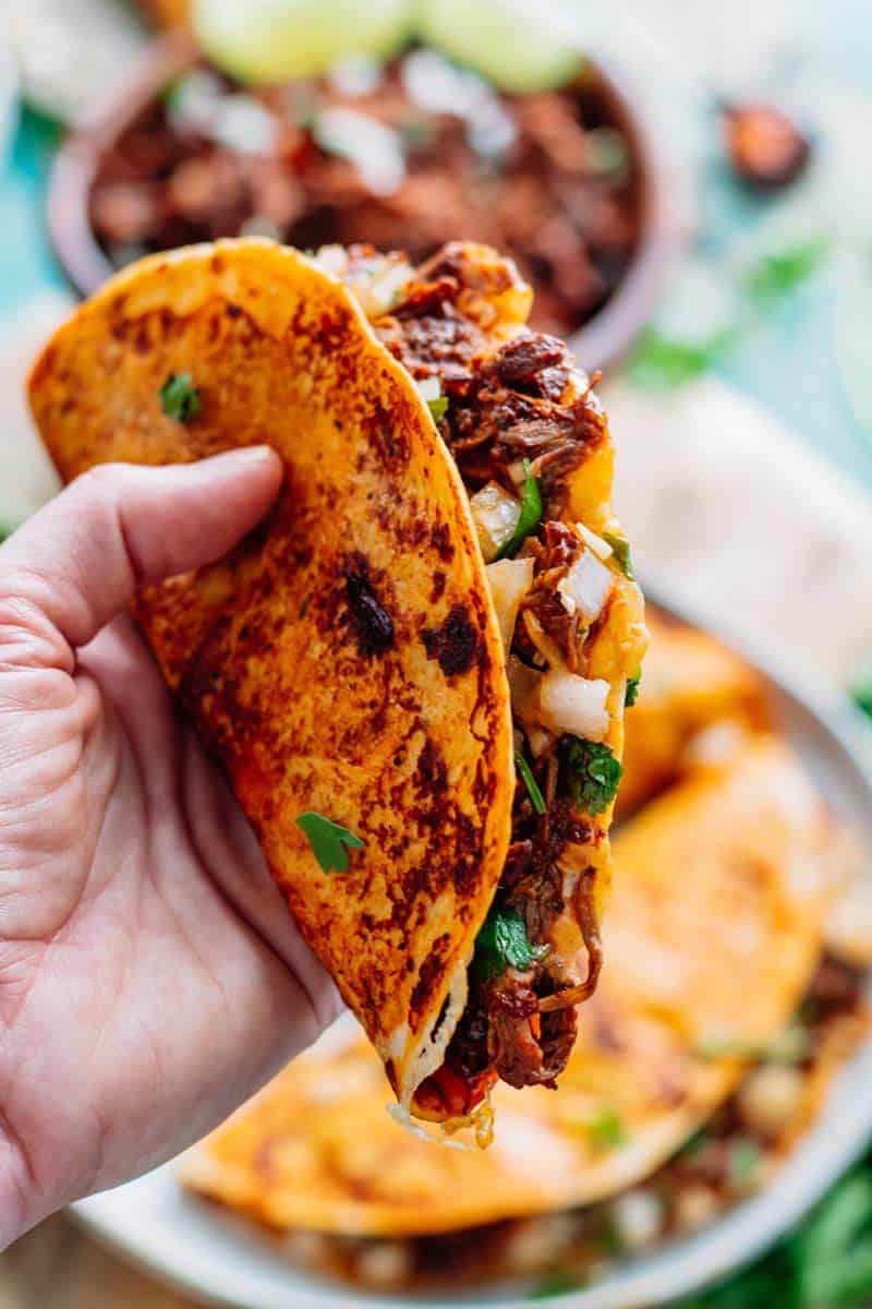 Birria taco in hand.
