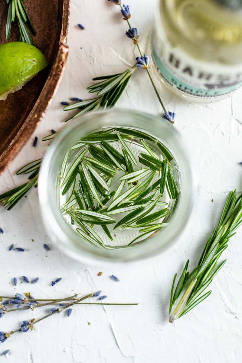 rosemary simple syrup in jar