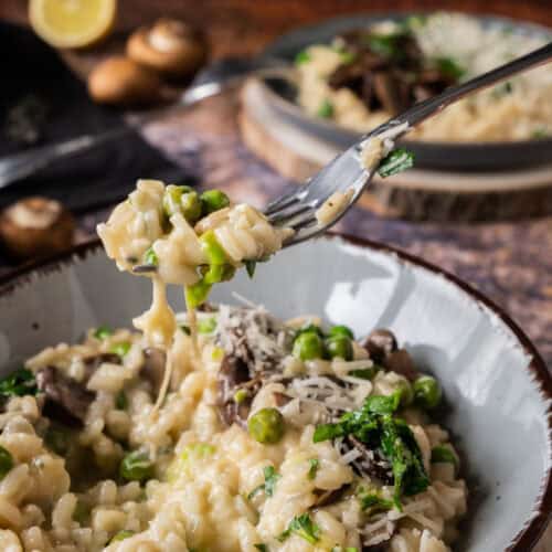 mushroom risotto on fork