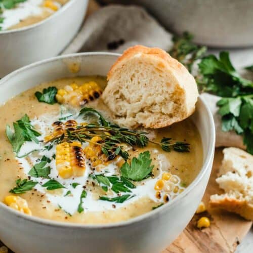 leek, corn, potato soup in bowl