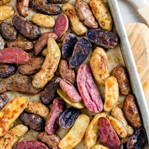 roasted fingerling potatoes on baking sheet