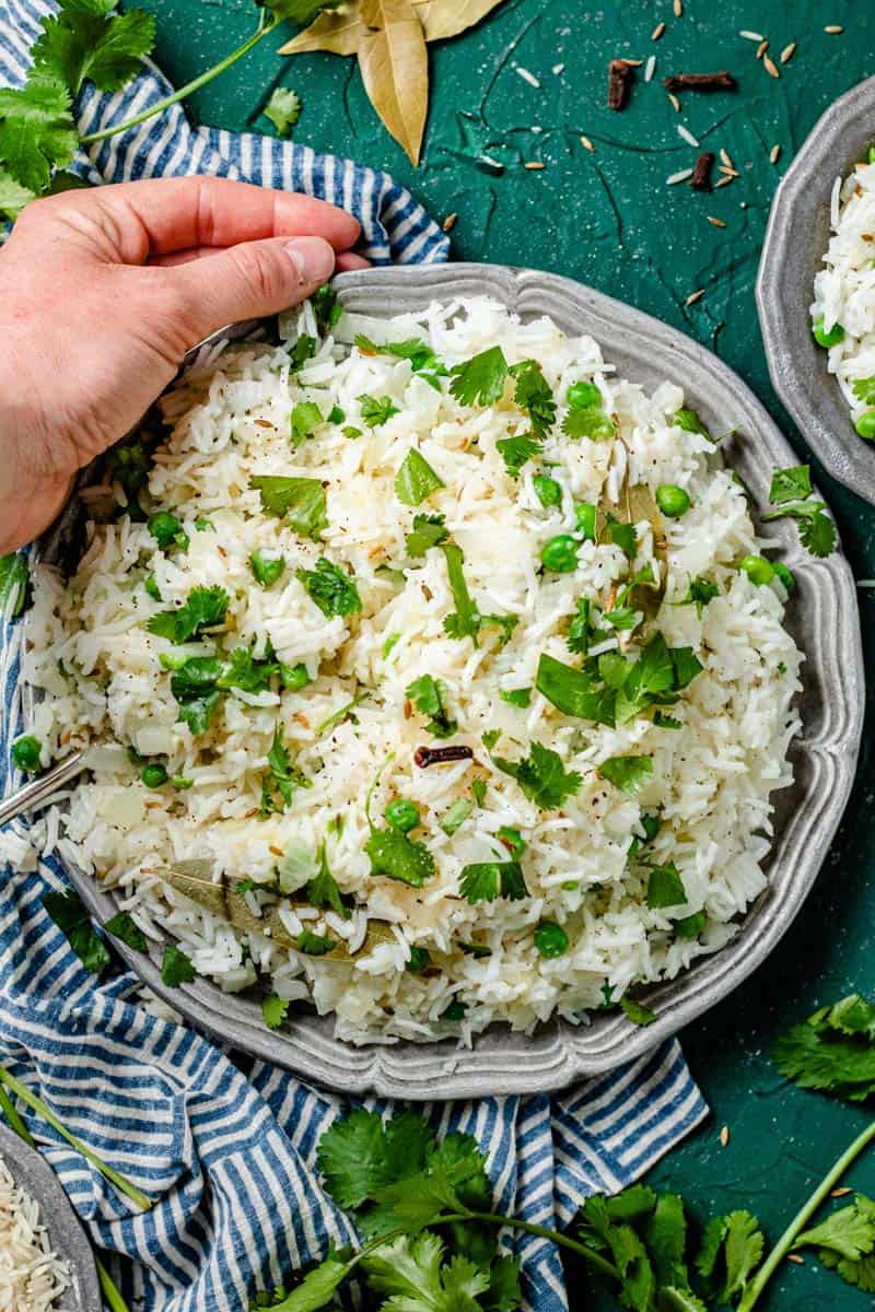jeera rice in a serving bowl