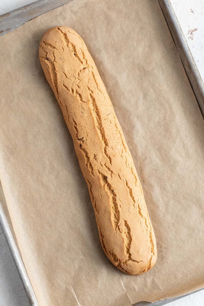 biscotti dough baked on baking sheet