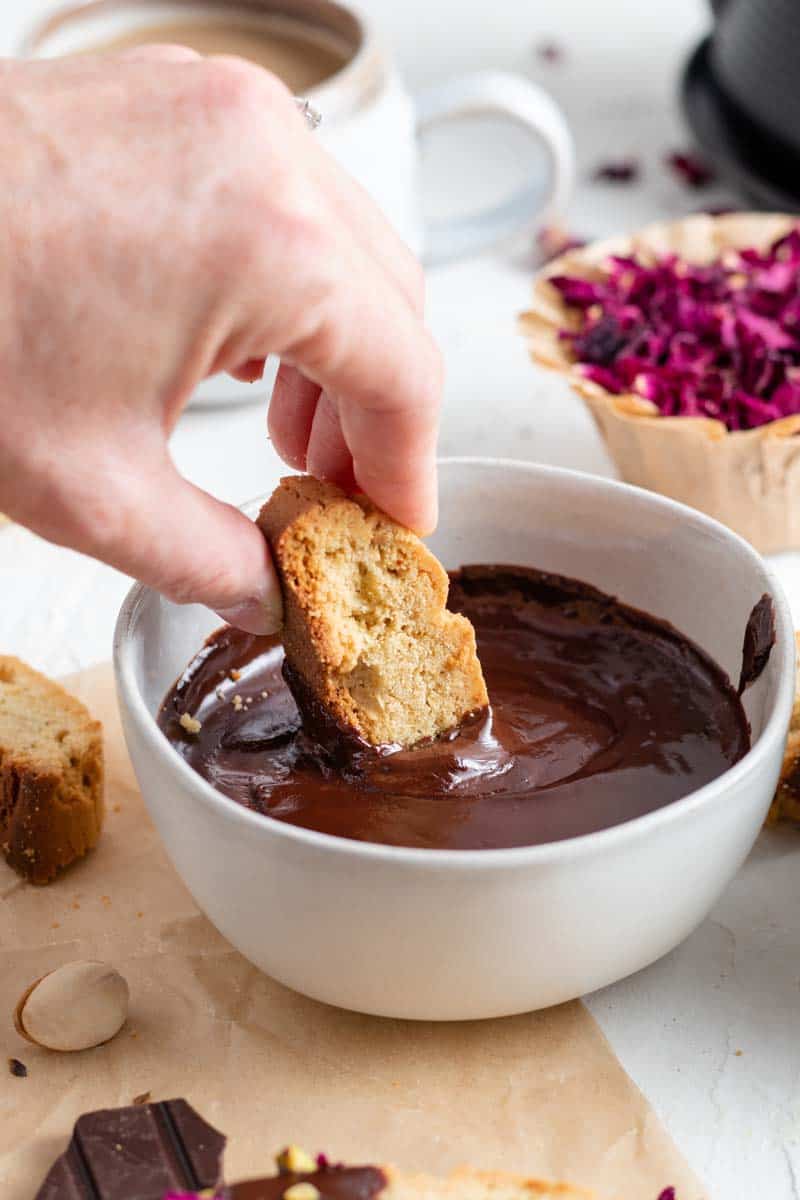 biscotti dipped in chocolate in bowl