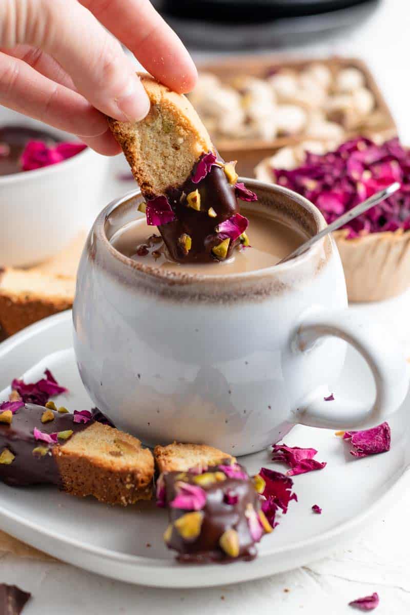 chocolate dipped biscotti dipped in tea
