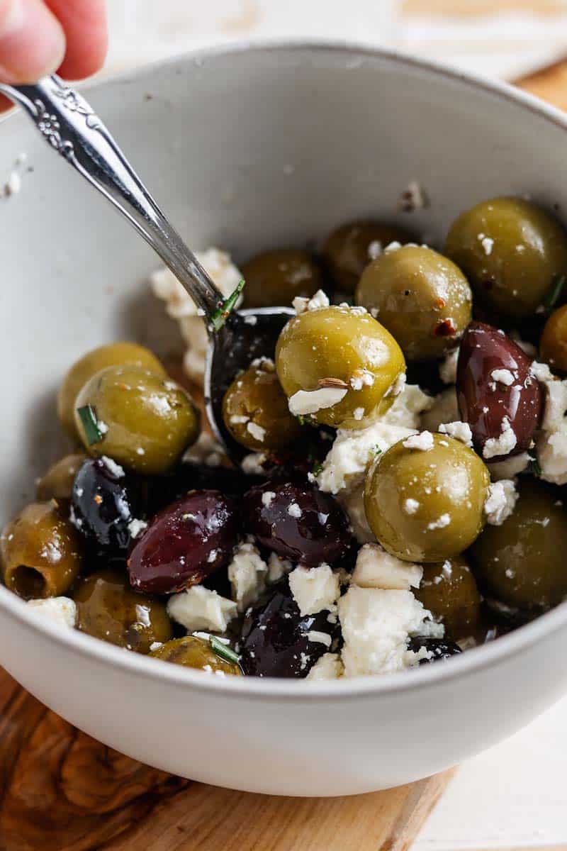 olives and feta cheese in a bowl