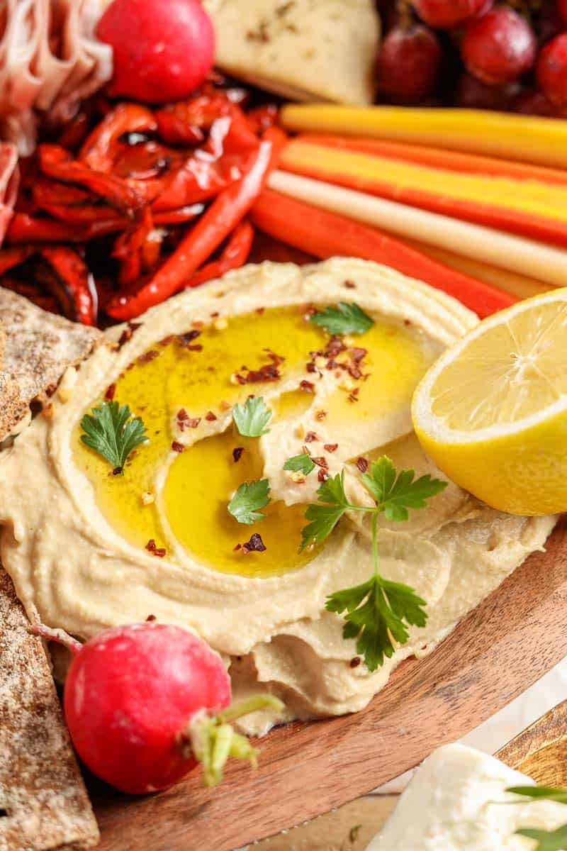 vadouvan hummus on a mezze platter