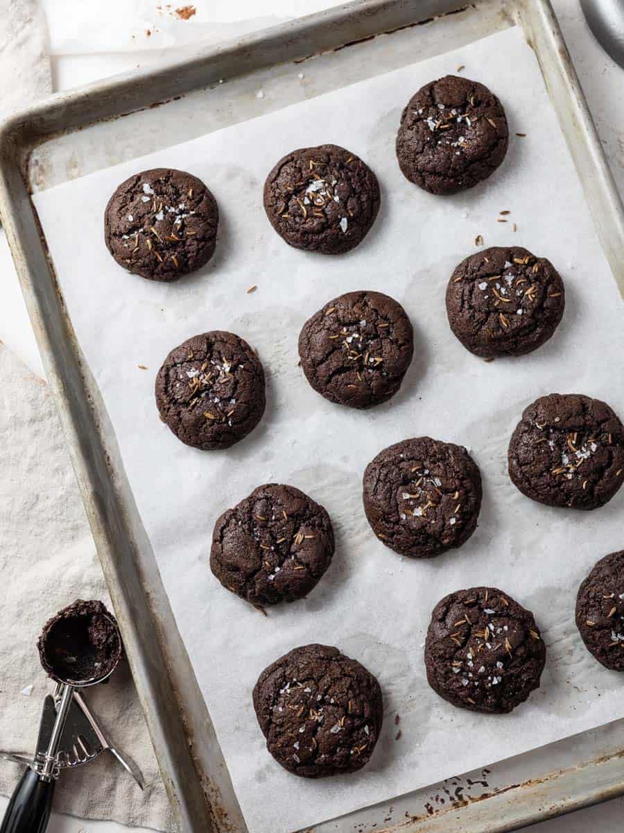chocolate cookies on a baking sheet
