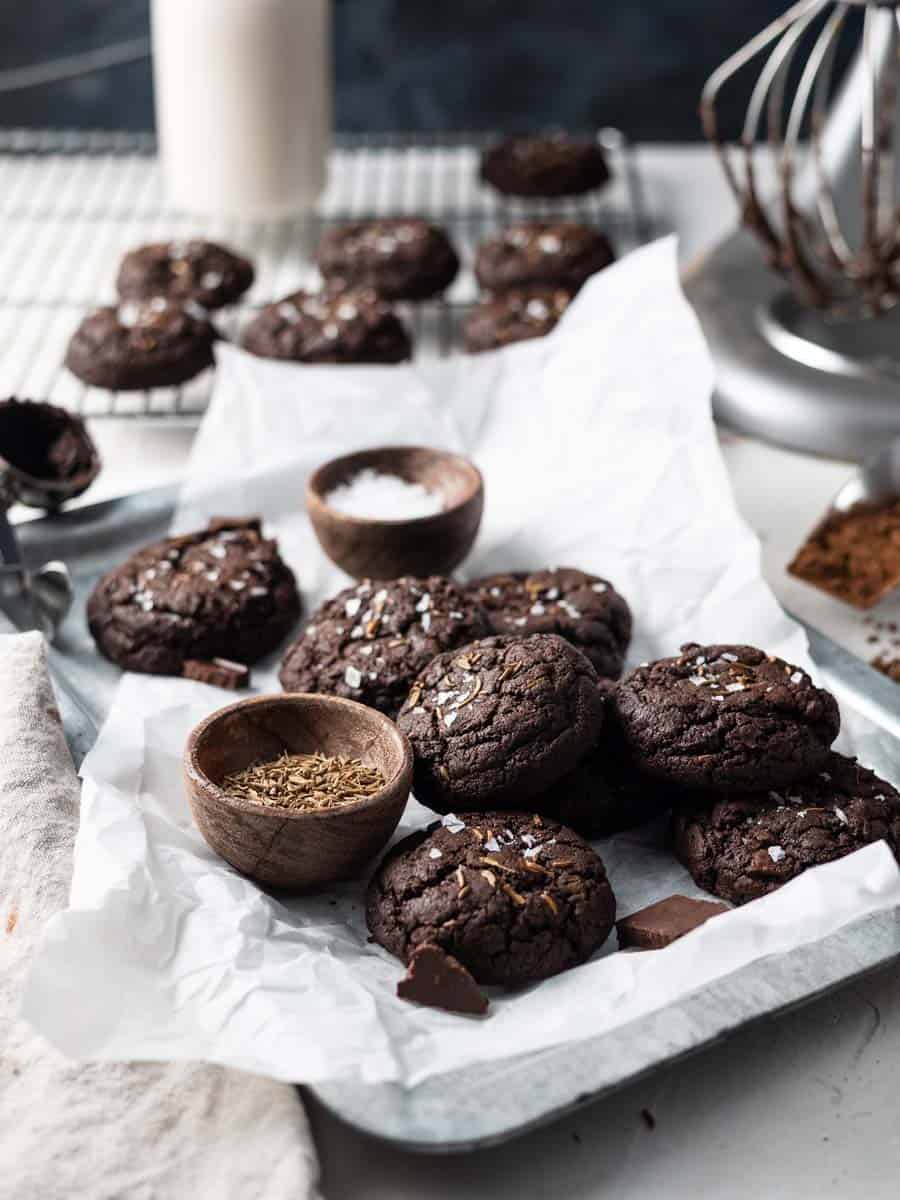 chocolate cookies on a baking sheet