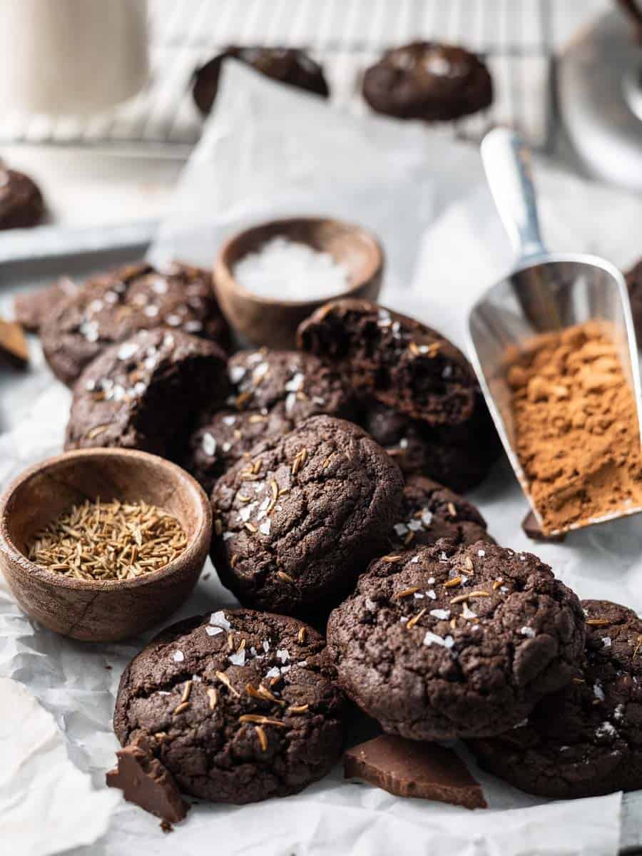 chocolate caraway cookies on a surface