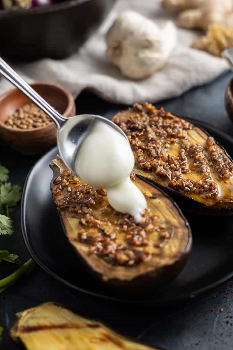 spiced baby eggplant drizzled with yogurt
