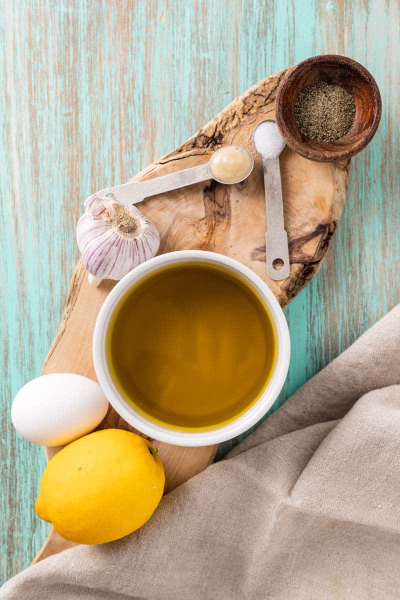 lemon aioli ingredients on a cutting board