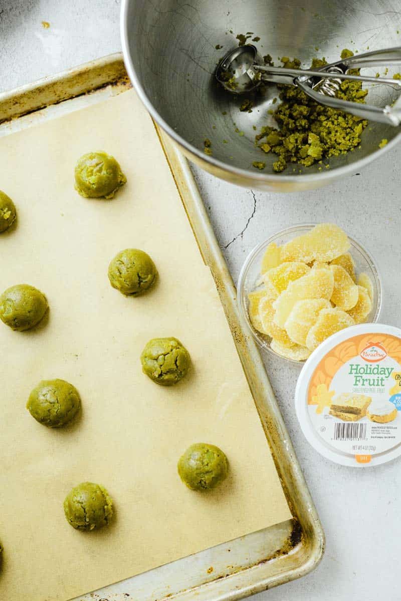 raw matcha cookie dough on cookie sheet