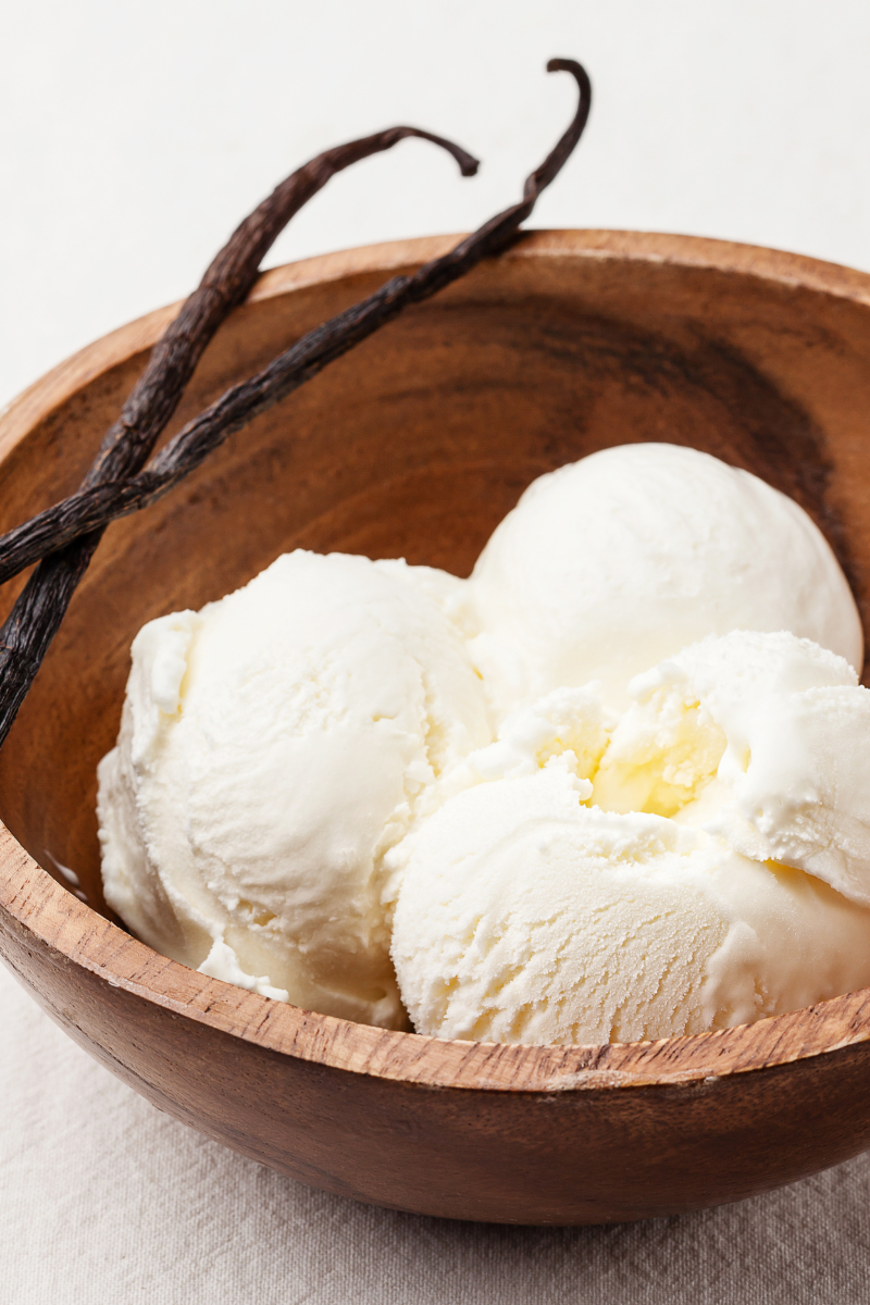 vanilla ice cream in a bowl, made with vanilla bean pods.