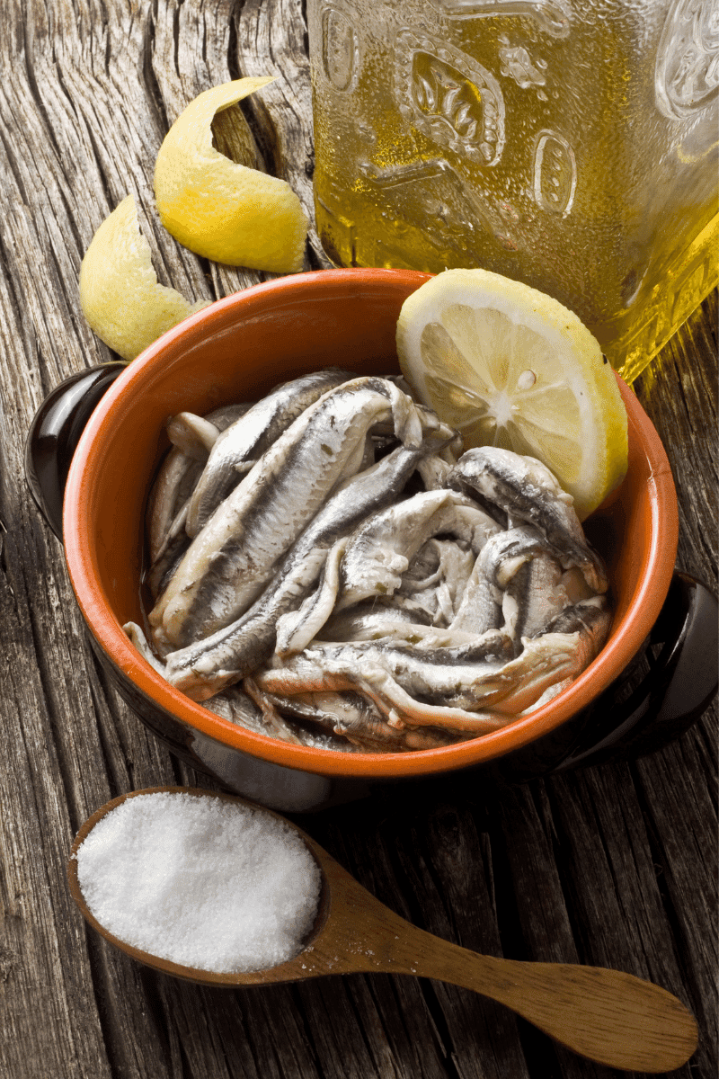 Anchovies in a bowl.