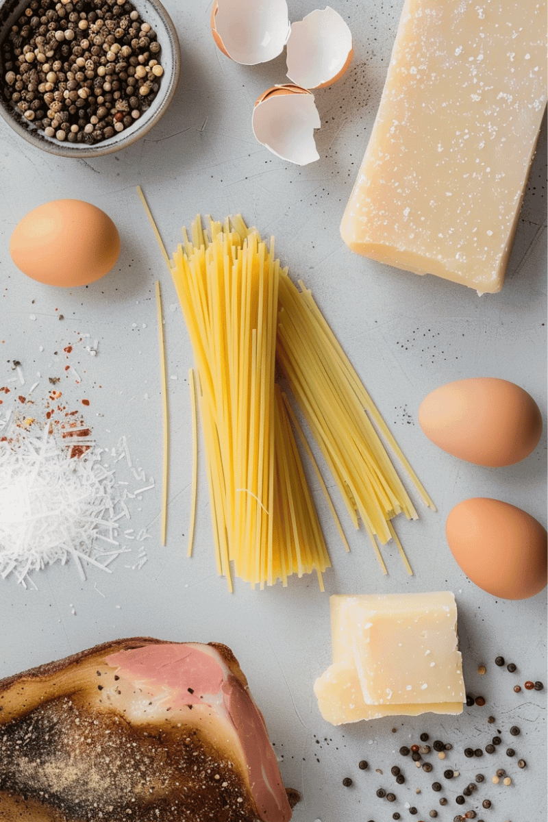 Spaghetti carbonara ingredients on a grey plaster surface.