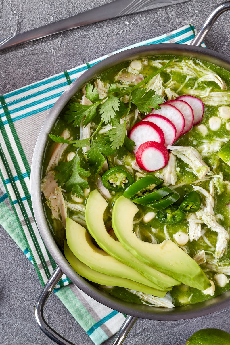 chicken pozole verde in a pot.