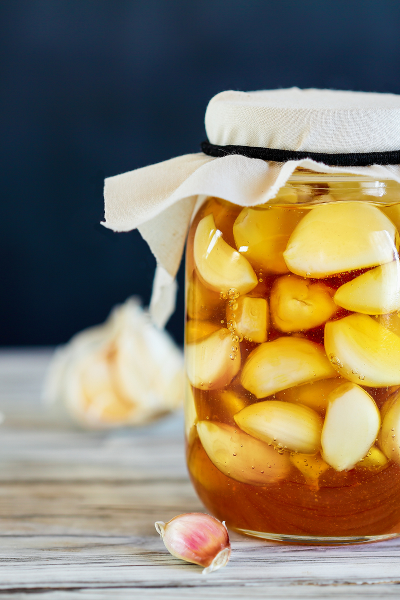 pickled garlic in a jar.