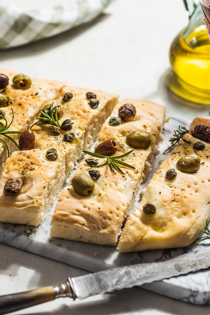 Focaccia on a cutting board.