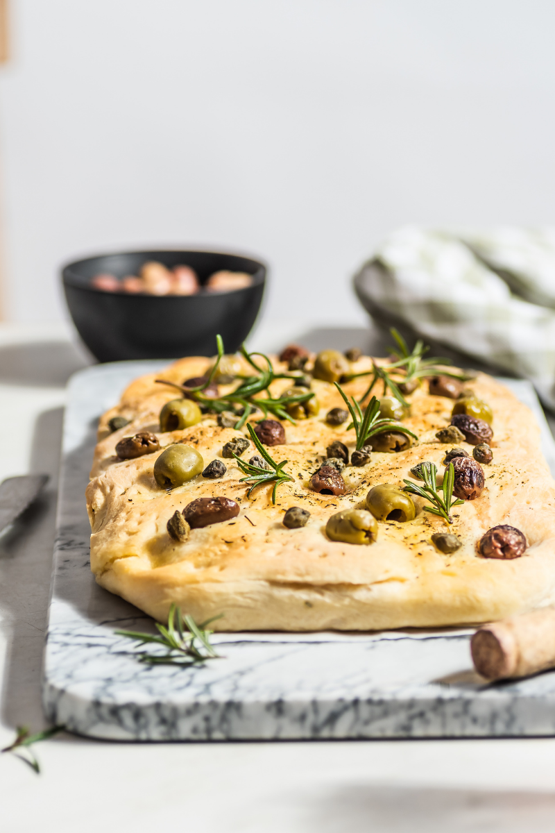Focaccia on a cutting board.