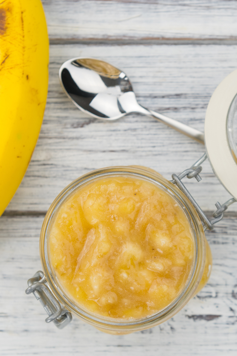 Mashed bananas in a jar.