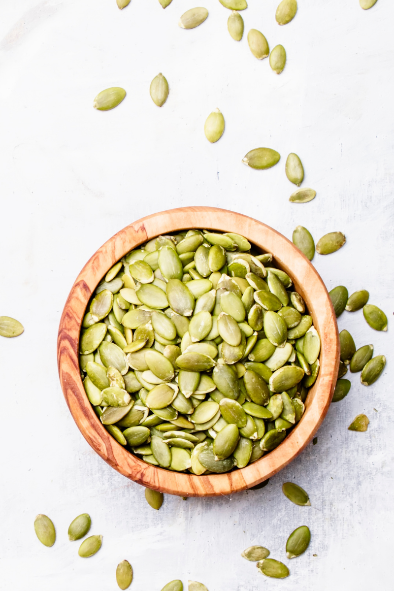 pumpkin seeds in a bowl.